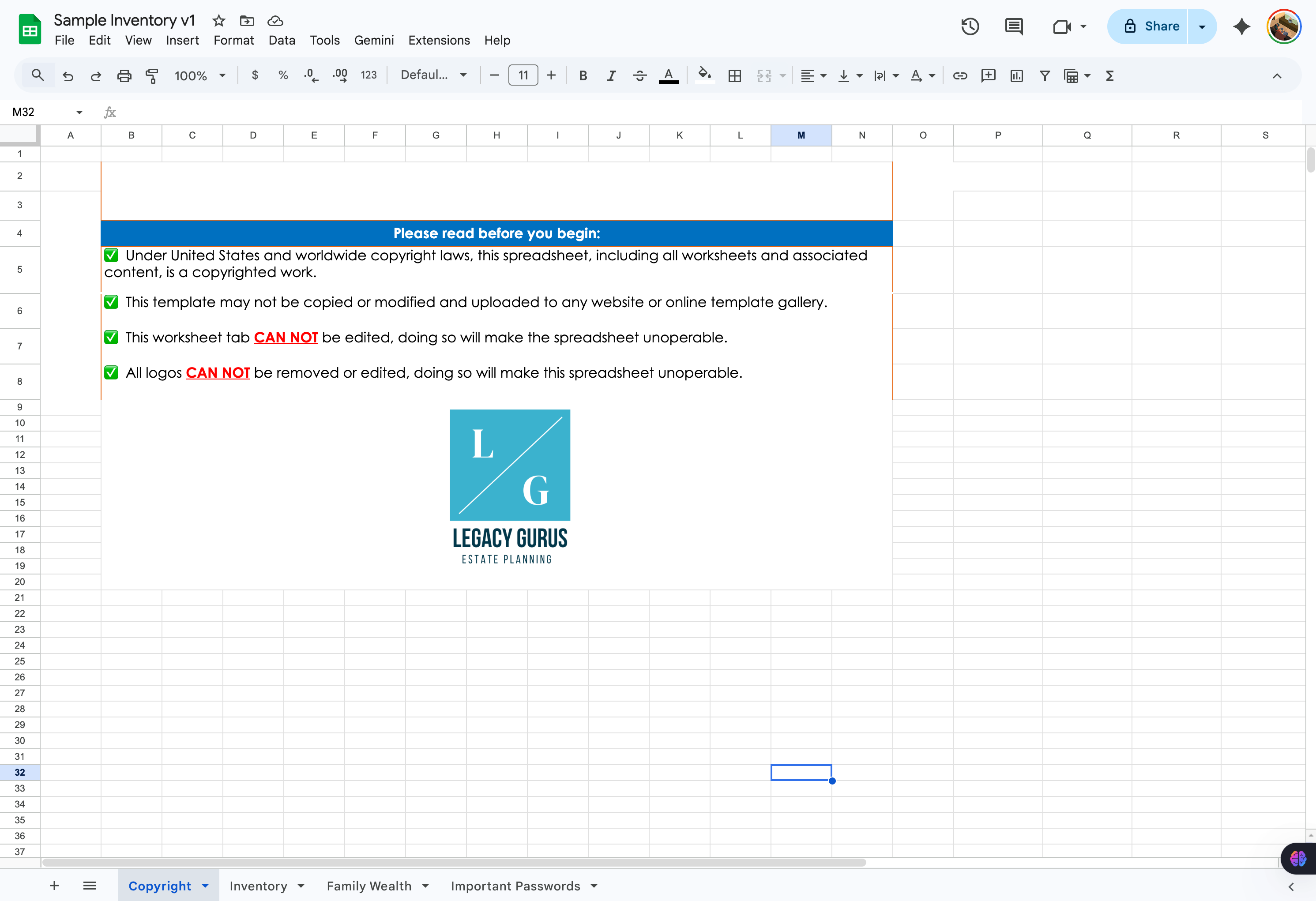 Spreadsheet copyright tab